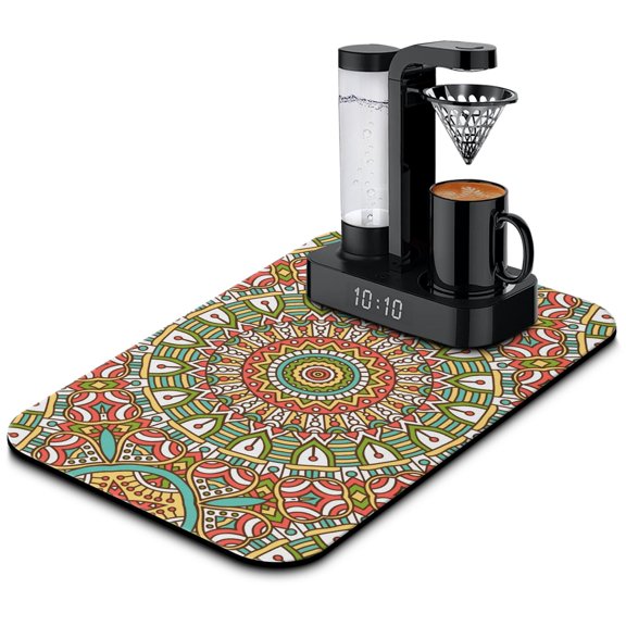 Paisley Floral Mandala Dish Drying Mat, Artistic Spiritual Mandala Absorbent Coffee Bar Mat, Ethnic Inspired Kitchen Counter Protector