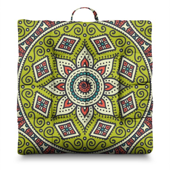 Paisley Floral Mandala Floor Pouf Decorative Square Yoga Cushion with Vintage Traditional Art, 9-Point Stitched for Stability