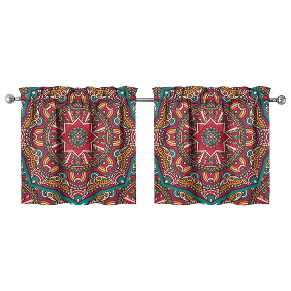 Paisley Floral Mandala Kitchen Curtains Set of 2 - 27.5x24 Inch Ethnic Inspired Symmetrical Folk Pattern, Semi-Sheer Farmhouse Panels