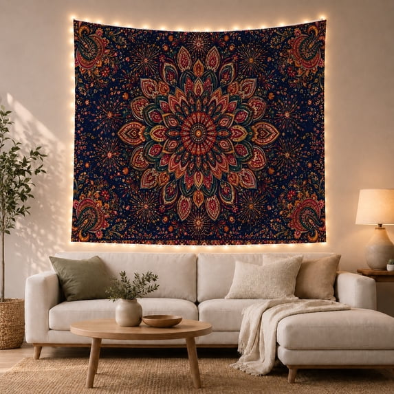 Paisley Floral Mandala on Navy Background, Dramatic Boho for Meditation Enthusiasts, Spiritual Wall Art, Housewarming Gift, Tapestry Wall Hanging for Meditation Room and Bedroom