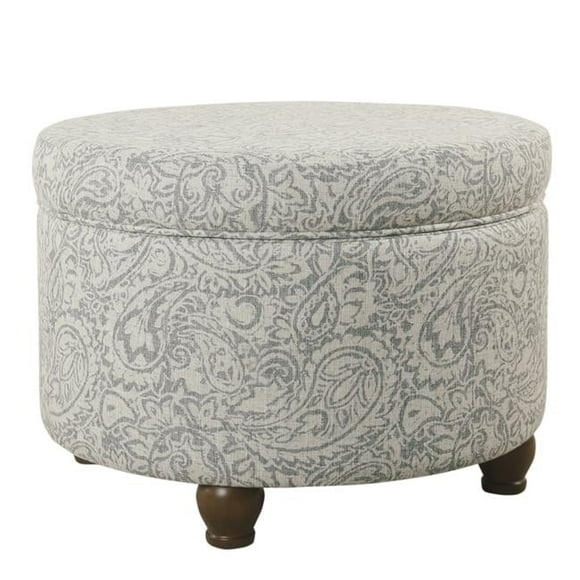 Paisley Floral Pattern Fabric Upholstered Wooden Ottoman with Hidden Storage, Gray & Cream