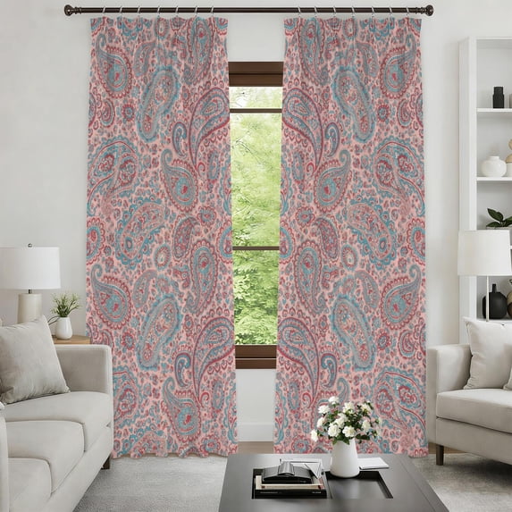 Pink Sea Pattern Paisley and Floral Pink Pattern Pinch Pleat Semi Sheer Linen Curtains ...
