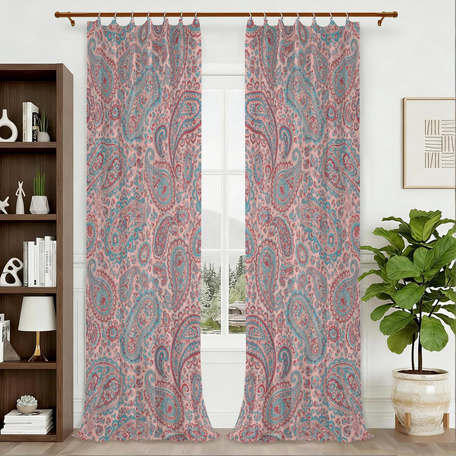 Pink Sea Pattern Paisley and Floral Pink Pattern Pinch Pleat Semi Sheer Linen Curtains ...