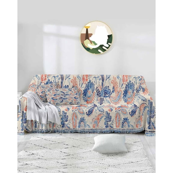 Paisley Floral Sofa Covers for 3 Cushion,Washable Couch Cover for Sectional Sofa Slipcovers with Tassel,Retro Blue Damask Morris Ethnic Bohemian Flower Loveseat Cover Futon Cover Throw Blanket 71x118