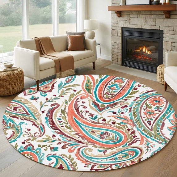 Paisley Flower Round Area Rug 8Ft Washable Large Circle Rugs for Living Room Dorm, Spring Watercolor Floral Leaf Plant Orange Non-Slip Carpet Floor Mats Indoor Outdoor Carpet Runner Home Decor