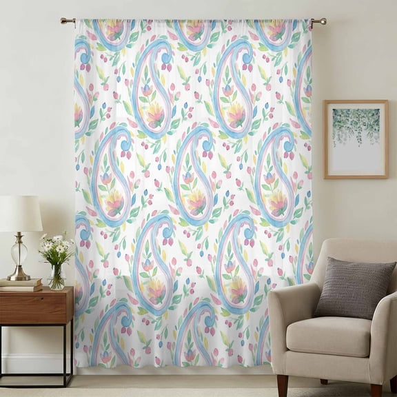 Paisley Flower Sheer Curtains 45" Long for Bedroom, Spring Watercolor Floral Leaf Plant Blue Light Filtering Privacy Drapes, Breathable Semi Sheer Short Window Treatment for Kitchen Cafe Bathroom
