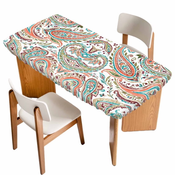 Paisley Flower Table Cloths for 5 Foot Rectangle Tables, Spring Watercolor Floral Leaf Plant Orange Patio Waterproof Elastic Fitted Tablecloths, Washable Rectangular Table Cover for Camping