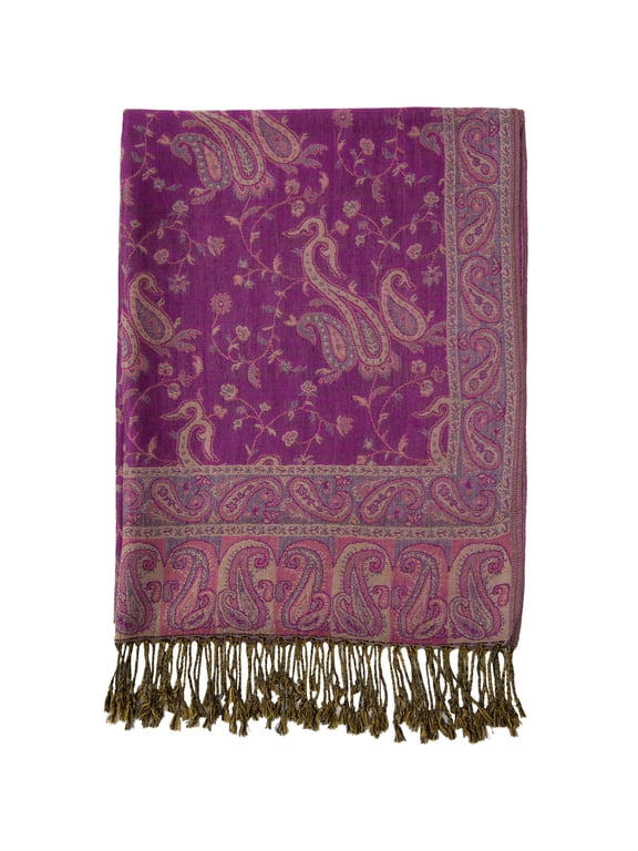 Paisley Flowers Borders Pattern Pashmina Silk Scarf Shawl Wrap Blanket Reversible Comfortable With Fringes (10-Bright Purple)