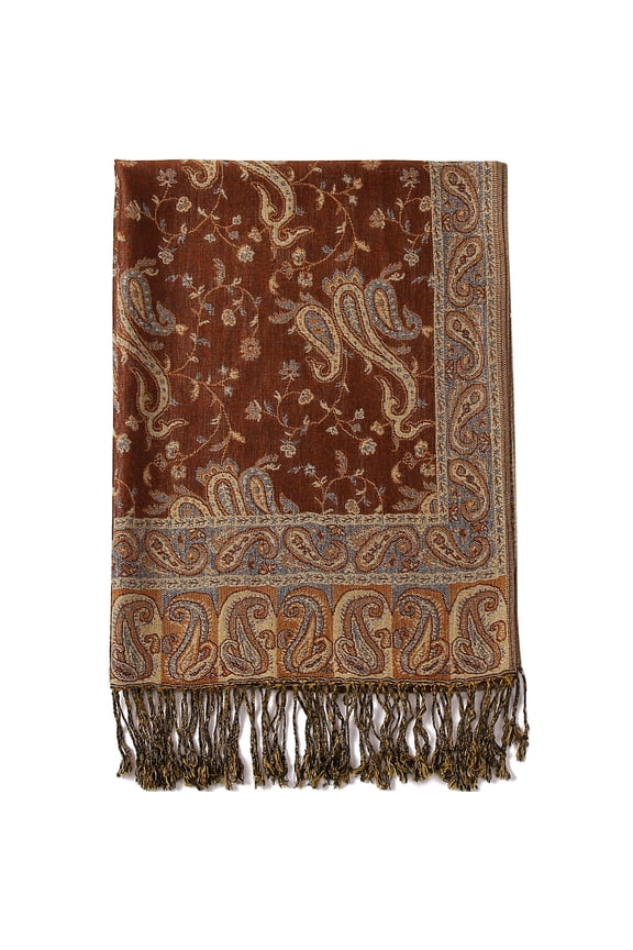 Paisley Flowers Borders Pattern Pashmina Silk Scarf Shawl Wrap Blanket Reversible Comfortable With Fringes (12-Brown)