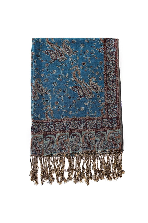 Paisley Flowers Borders Pattern Pashmina Silk Scarf Shawl Wrap Blanket Reversible Comfortable With Fringes (13-Turquoise)