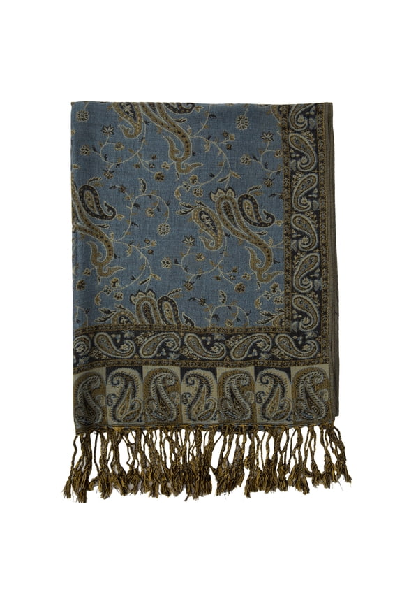 Paisley Flowers Borders Pattern Pashmina Silk Scarf Shawl Wrap Blanket Reversible Comfortable With Fringes (14-Steel Blue)