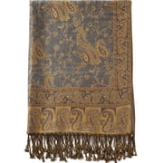Paisley Flowers Borders Pattern Pashmina Silk Scarf Shawl Wrap Blanket Reversible Comfortable With Fringes 18-Grey Bronze