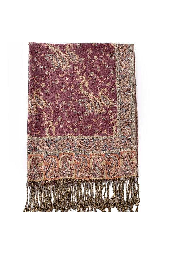 Paisley Flowers Borders Pattern Pashmina Silk Scarf Shawl Wrap Blanket Reversible Comfortable With Fringes (22-Violet)