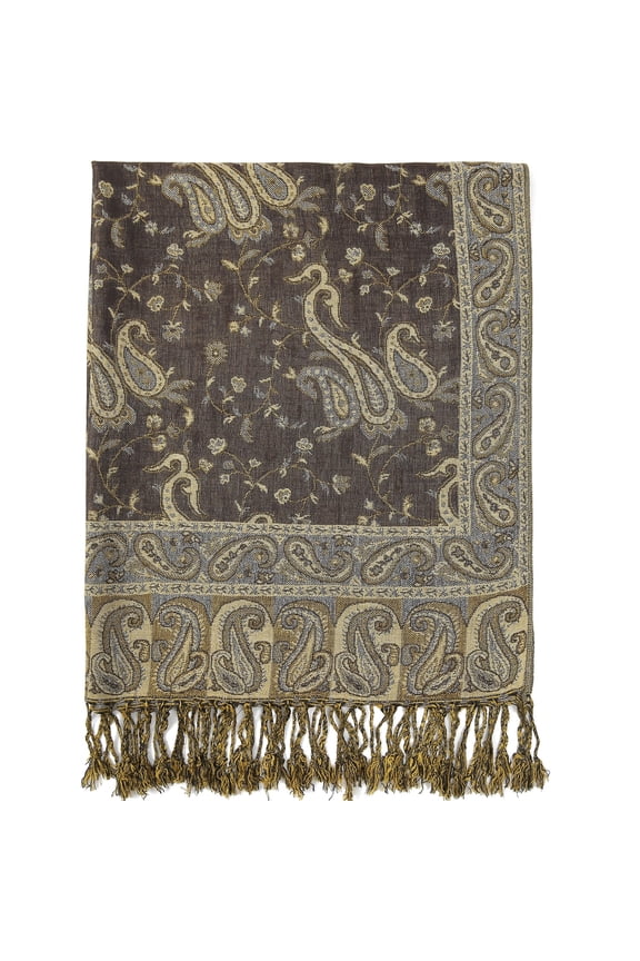 Paisley Flowers Borders Pattern Pashmina Silk Scarf Shawl Wrap Blanket Reversible Comfortable With Fringes (9-Dark Coffee)