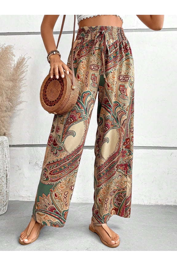 Paisley Flowy Flared Pants for Women Floral Print Pleated Elastic Waist Wide Leg Lounge Pants
