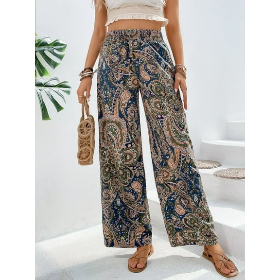 Paisley Flowy Flared Pants for Women Floral Print Pleated Elastic Waist Wide Leg Lounge Pants
