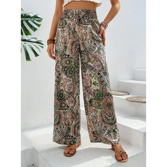 Paisley Flowy Flared Pants for Women Floral Print Pleated Elastic Waist Wide Leg Lounge Pants