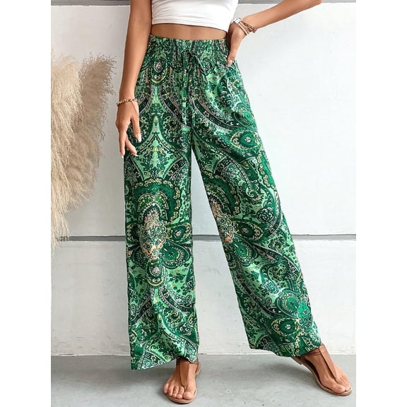 Paisley Flowy Flared Pants for Women Floral Print Pleated Elastic Waist Wide Leg Lounge Pants