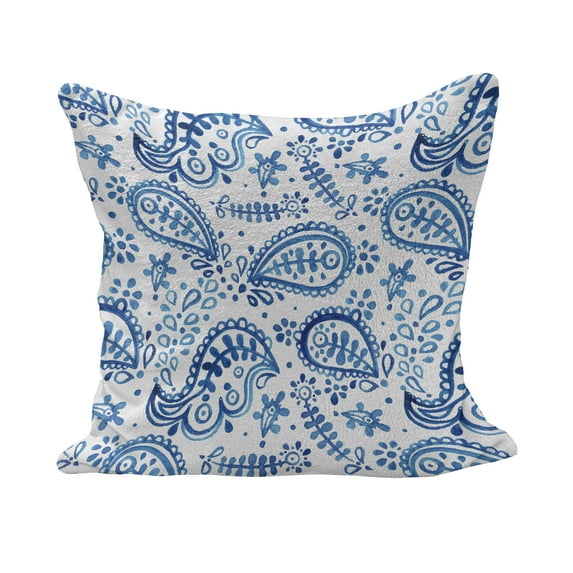 Paisley Fluffy Throw Pillow Cushion Cover, Hand Painting Look Ikat Style Vintage Eastern Floral Doodle in Watercolor Art, Decorative Square Accent Pillow Case, 40" x 40", White and Blue, by Ambesonne