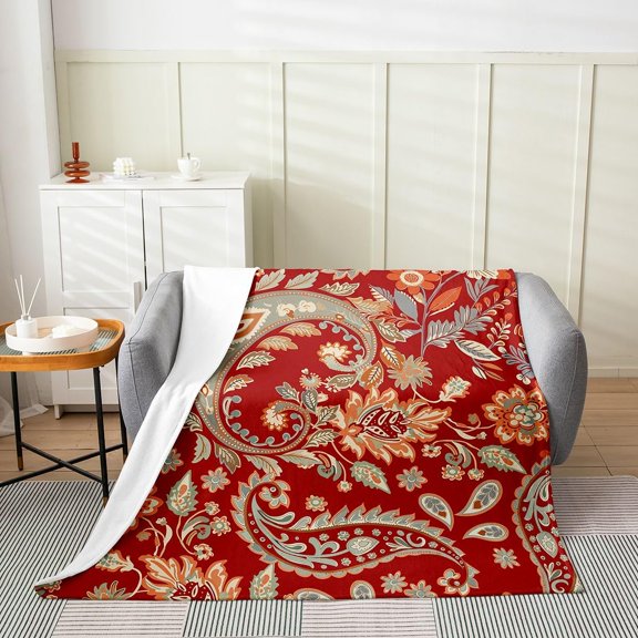 Paisley Fuzzy BlanketKids Bohemian Exotic Style Flannel Fleece Throw Blanket Boho Paisley Print All Season Bed Blanket for Sofa Couch Room Indian Style Red Yellow Plush Blanket Baby 30"x40"