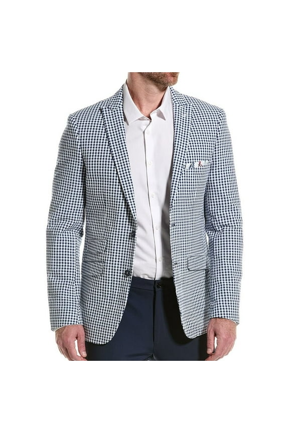 Mens Gingham Peak Two Button Blazer Jacket, White, 40