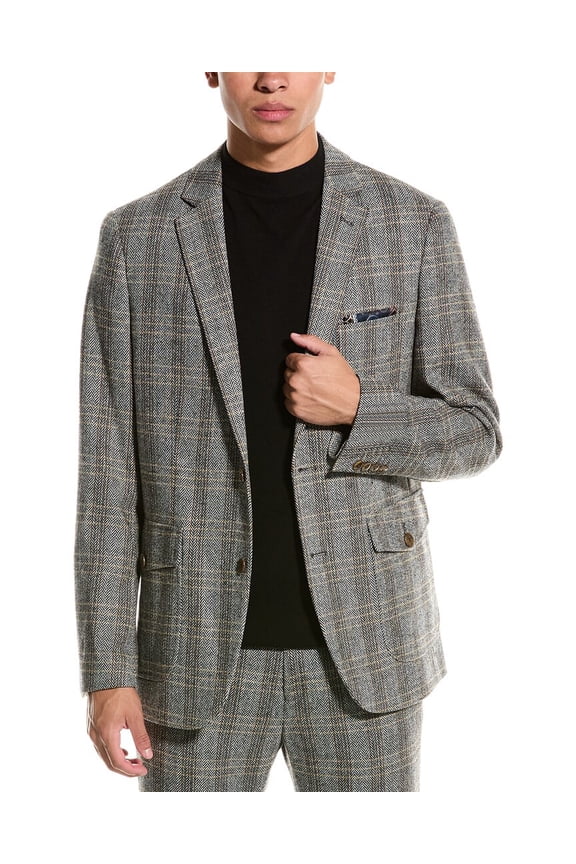 Mens Slim fit Sport Coat Blazer 40 R Grey Plaid Stretch