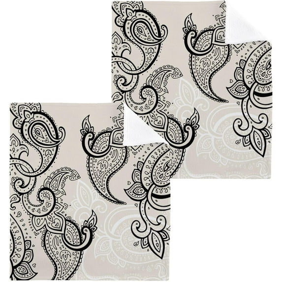 Paisley Grey Nation Washcloth 12x12in Set, 2 Pack Absorbent Cotton Towel Square Kitchen Dishes Towels, Soft Cleaning Face Hand Towel Fast Drying
