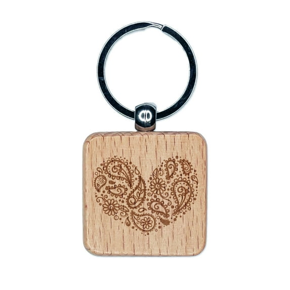 Paisley Heart Square Keychain Charm Tag - Engraved Wood
