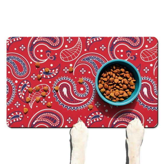 Paisley Indian Tribal Dog Food Mat with Paisley Design Boho Vintage Floral Pattern, Absorbent Waterproof Non-Slip Pet Feeding Mat