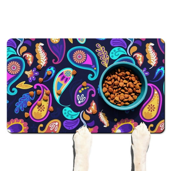Paisley Indian Tribal Dog Food Mat with Paisley Design Boho Vintage Floral Pattern, Absorbent Waterproof Non-Slip Pet Feeding Mat