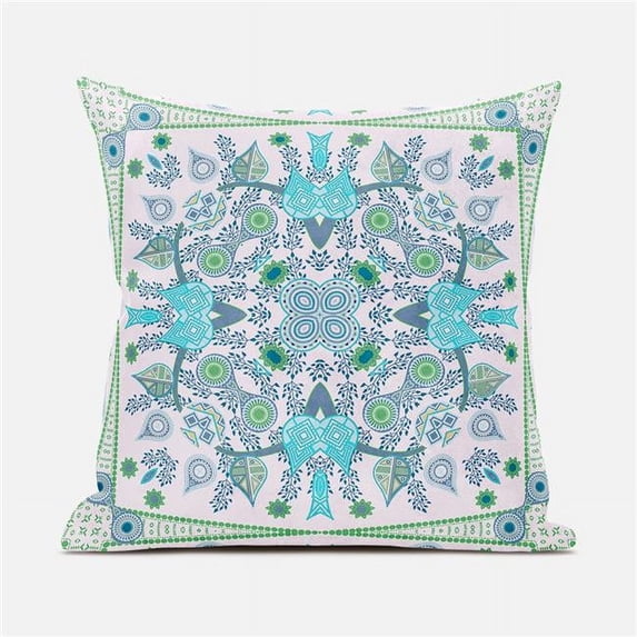 Paisley Leaf Geo Duo Indoor/Outdoor Pillow in White Light Blue Green 26x26