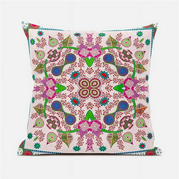 Paisley Leaf Geo Duo Indoor/Outdoor Pillow with Removable Cover in Light Pink Purple Green16x16