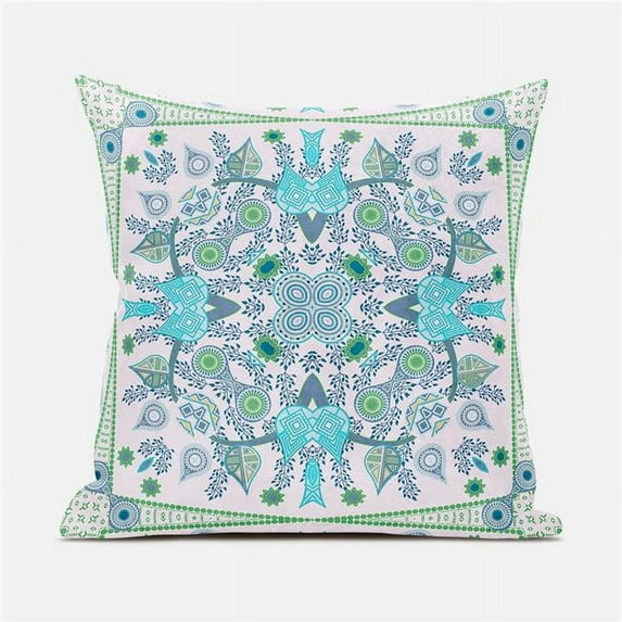 Paisley Leaf Geo Duo Indoor/Outdoor Pillow with Removable Cover in White Light Blue Green16x16