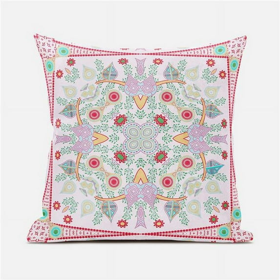 Paisley Leaf Geo Duo Indoor/Outdoor Pillow with Removable Cover in White Pink Red26x26