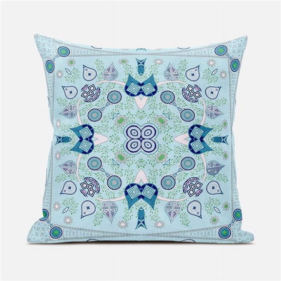Paisley Leaf Geo Duo Throw Pillow with Removable Cover in Light Blue Aqua White 18x18