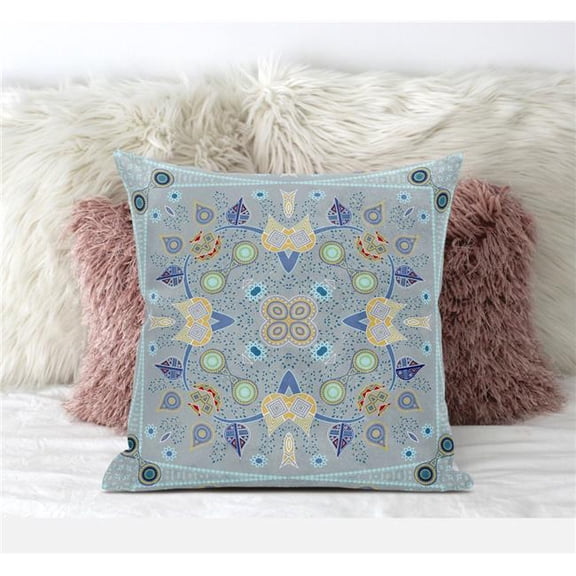 Paisley Leaf Geo Throw Pillow in Light Gray Blue Yellow 18x18