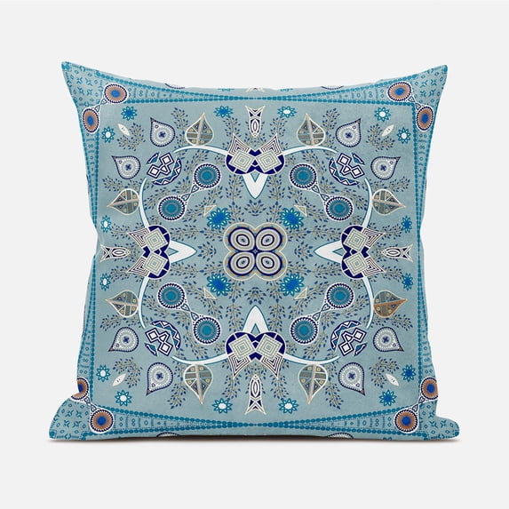 Paisley Leaf Geo Indoor/Outdoor Fabric Pillow in Muted Blue Beige White 16x16