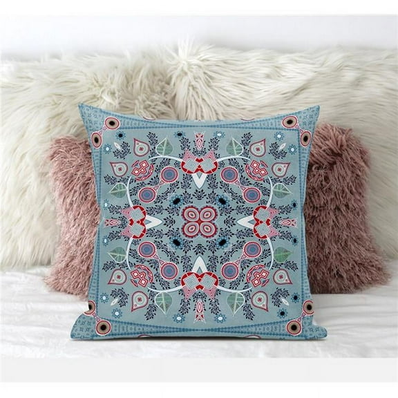 Paisley Leaf Geo Throw Pillow with Removable Cover in Muted Blue Red 18x18