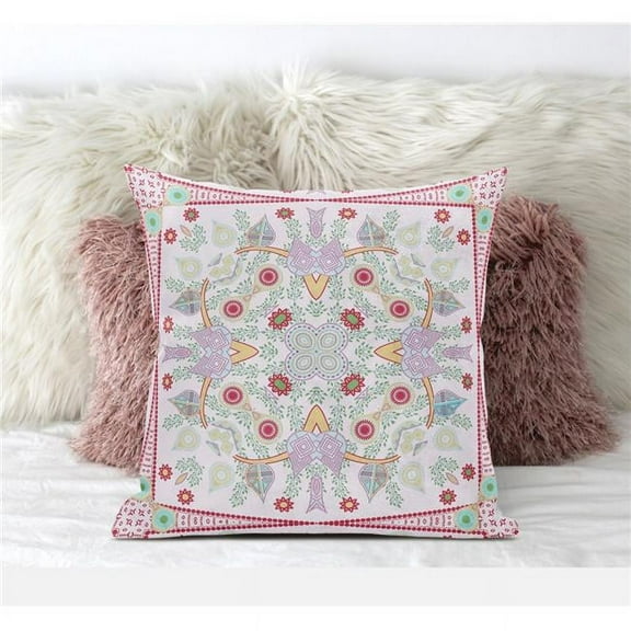 Paisley Leaf Geo Throw Pillow with Removable Cover in White Pink Red 16x16