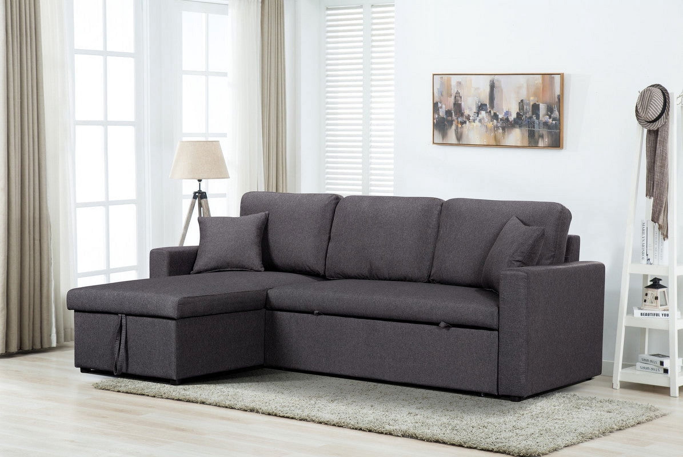 Paisley Linen Fabric Reversible Sleeper Sectional Sofa with Storage ...