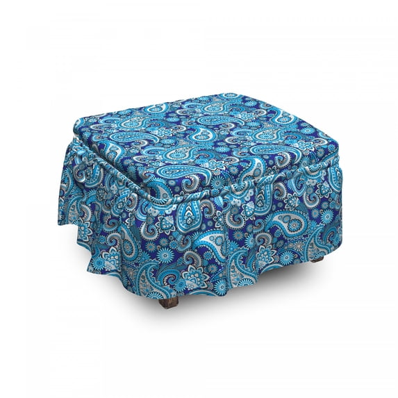 Paisley Ottoman Cover, Flowers Leaves, 2 Piece Slipcover Set with Ruffle Skirt for Square Round Cube Footstool Decorative Home Accent, Standard Size, Blue, by Ambesonne