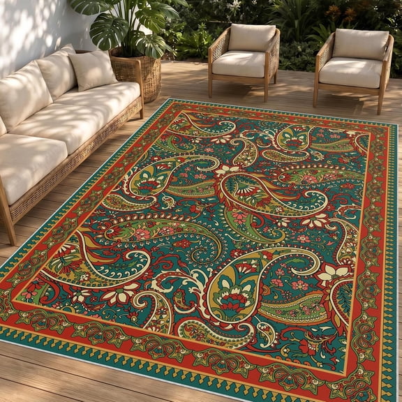 Paisley Outdoor Rug Waterproof UV Resistant Non Slip Patio Rug, Indoor Outdoor Boho Camping Rug Linen-Look RV Carpet for Deck Balcony Backyard, Terracotta