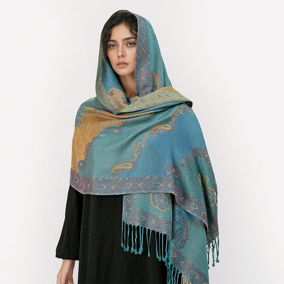 Paisley Pashmina Shawl Scarf Women Jacquard Cashew Printed Scarves Flowers Borders Female Tassel Blanket Wraps Ethnic Shawls (T383-13,70x190cm)