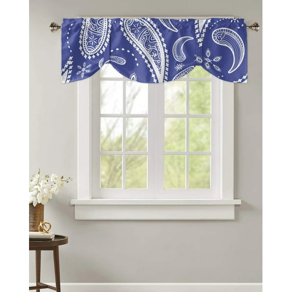 Paisley Pattern Blue Window Valance Curtain Kitchen Cafe Short Curtains Living Room Tie-Up Valance Curtain