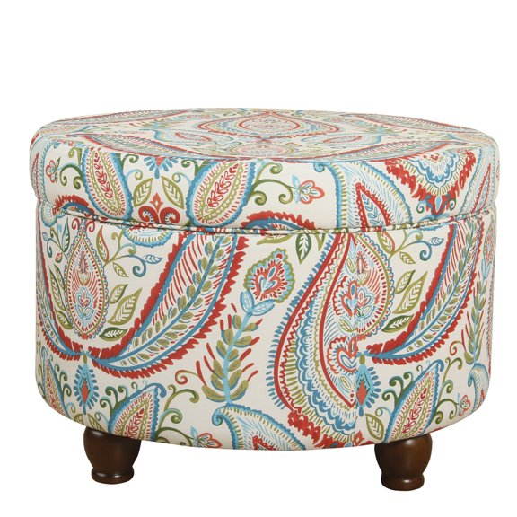 Paisley Pattern Fabric Upholstered Wooden Ottoman with Hidden Storage, Multicolor