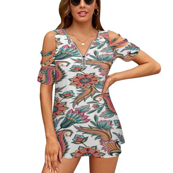 Paisley Pattern Flower Retro Womens Summer V Neck Zipper Top Short Sleeve T Shirt Off Shoulder Top Casual Classy Loose Shirts