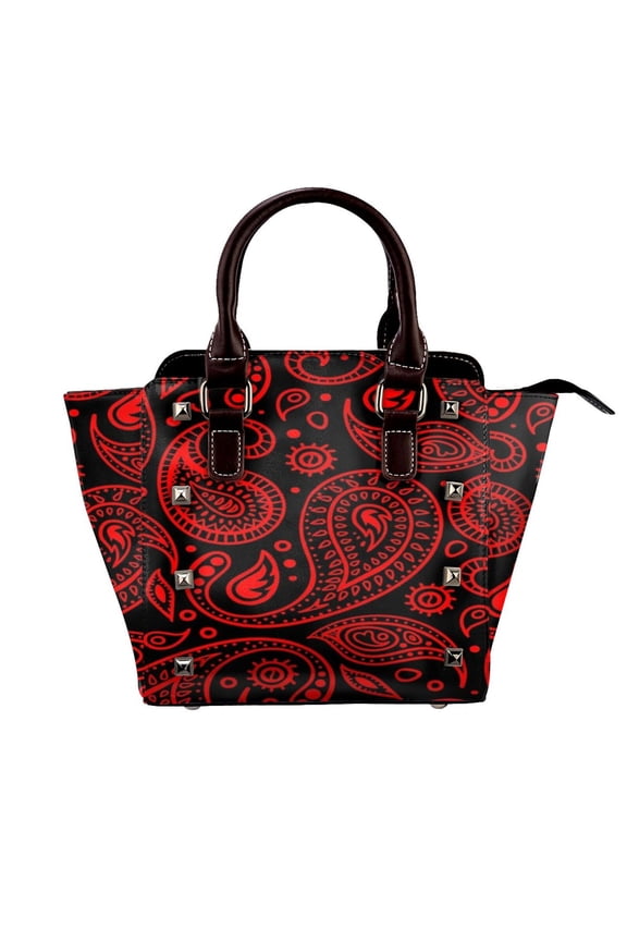 Paisley Pattern Red On Black Background Bandana Rivet Fashion One-Shoulder Women's Handbag Tote Bag