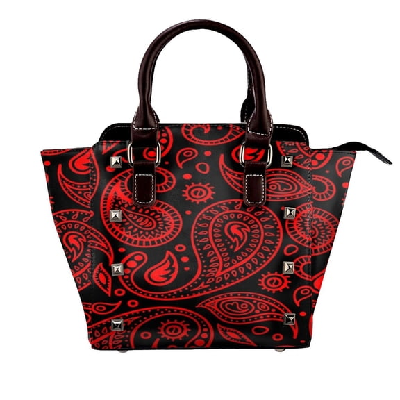 Paisley Pattern Red On Black Background Bandana Rivet Fashion One-Shoulder Women's Handbag Tote Bag