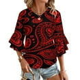 thumbnail image 1 of Paisley Pattern Red On Black Background Bandana Women's V-Neck Blouse With 3/4 Ruffled Bell Sleeves Casual Top Ladies Blouses, 1 of 7
