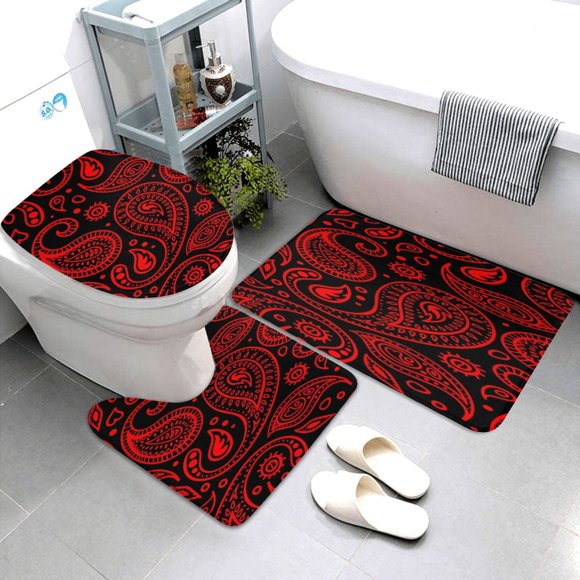 Paisley Pattern Red on Black Background Bandana Bath Mat Set 3 Piece Non Slip Rug Toilet Lid Cover Bathroom Decorations